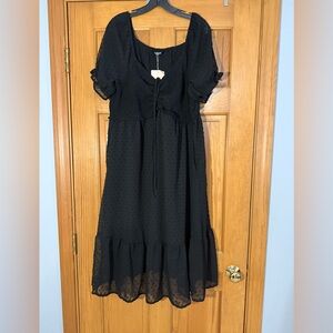 BloomChic Black Swiss‎ Dot Midi Dress NWT Smocked Waist Puff Sleeve Pocket US 12